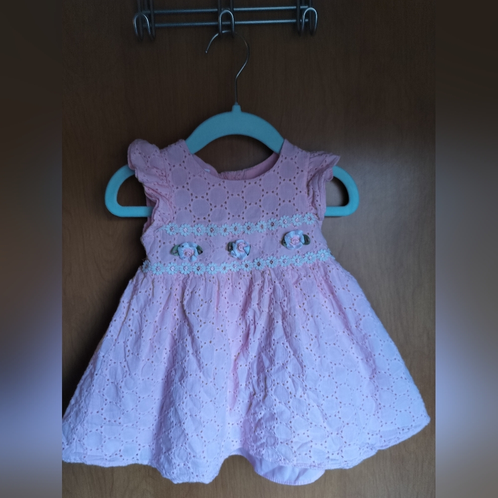 Bonnie Baby Pink Eyelet Embroidered Dress Coquette Dainty Floral Accent 12 M